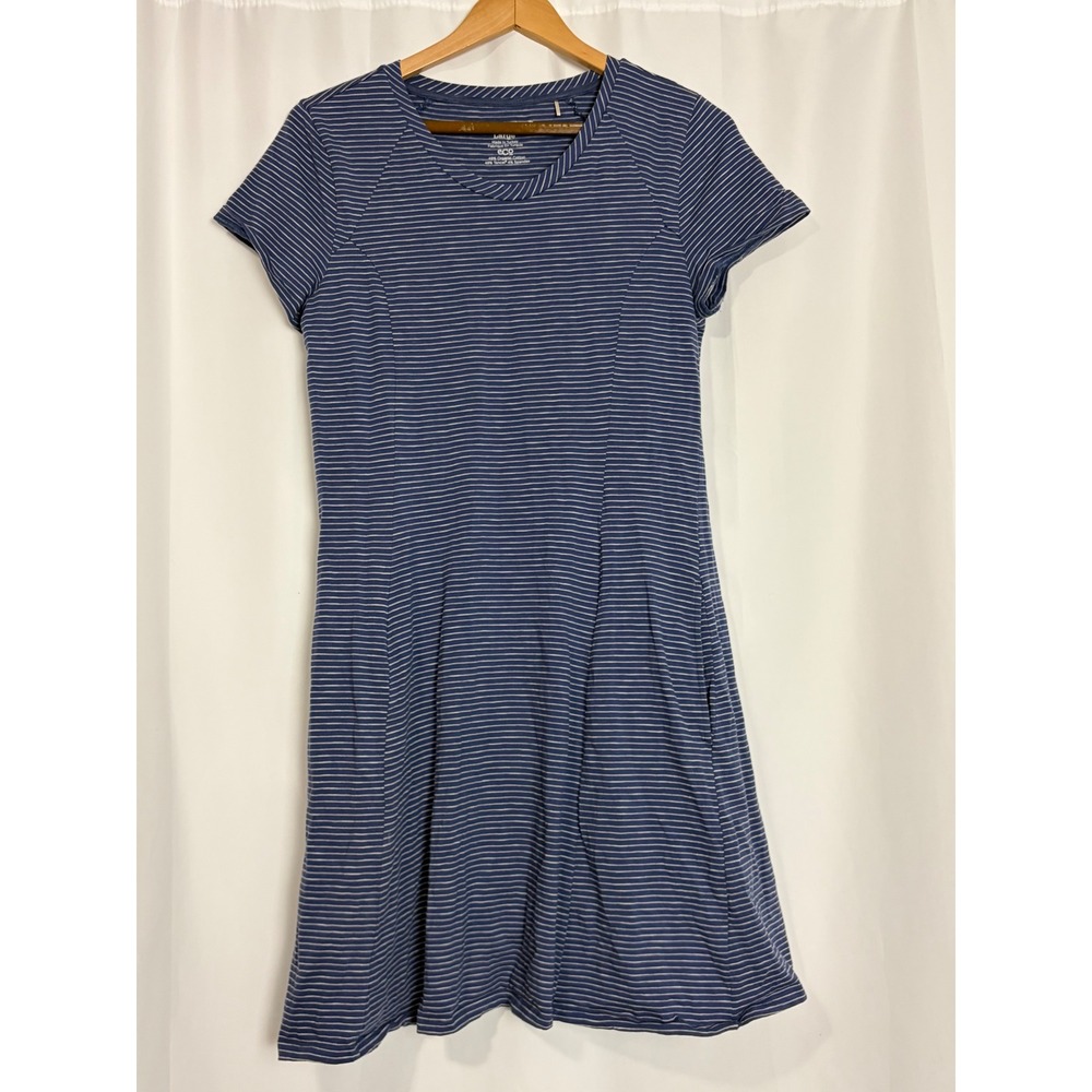 Toad&Co Blue White Striped Organic Cotton Tencel T-Shirt Dress Pockets Large